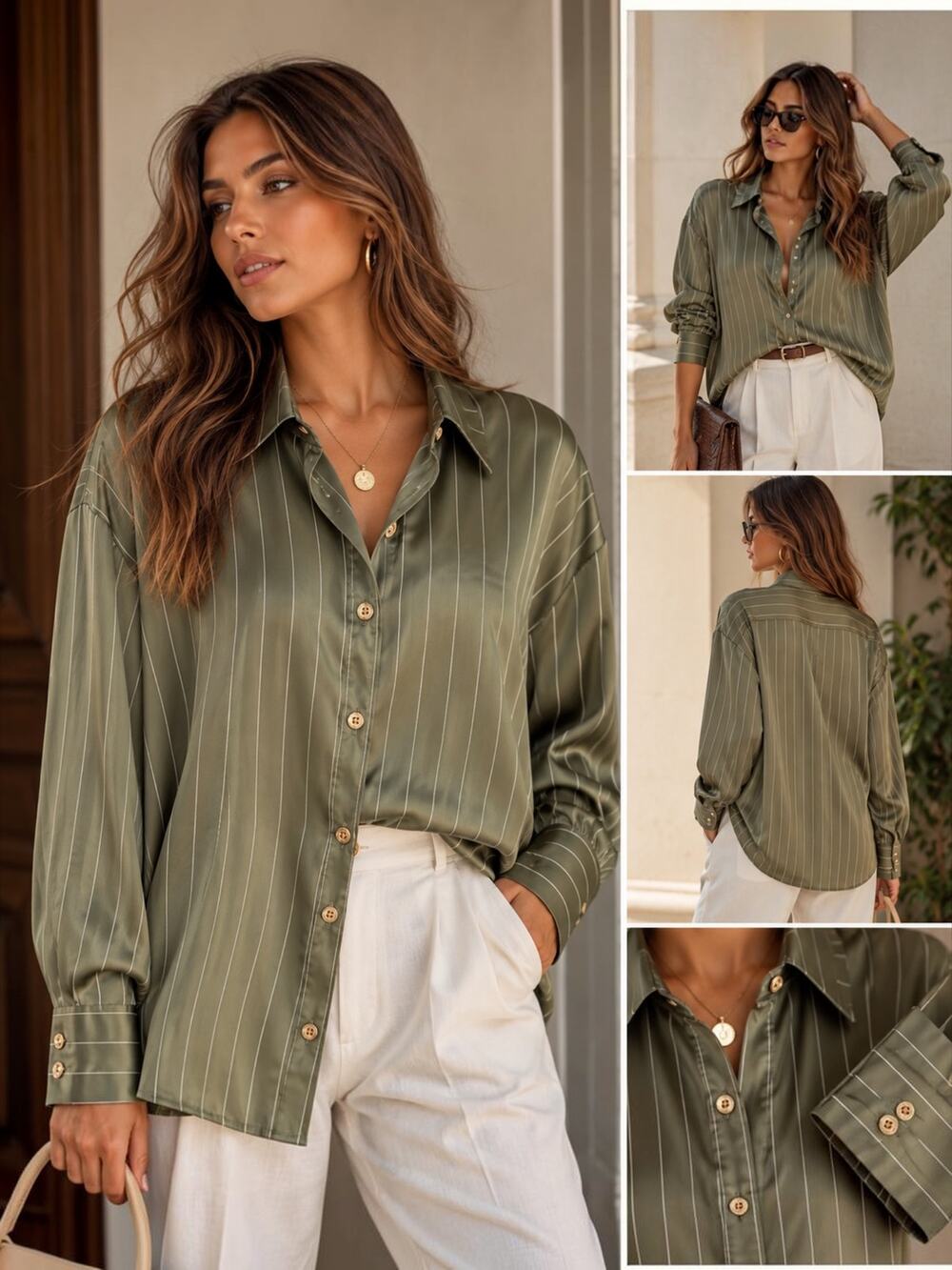 Zara Olive Green Pinstripe Satin Oversized Button Down Shirt M 7969/261